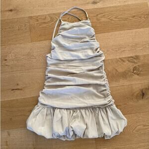 PLT Label - Ruched Puff Hem Strappy Bodycon Mini Dress in Beige